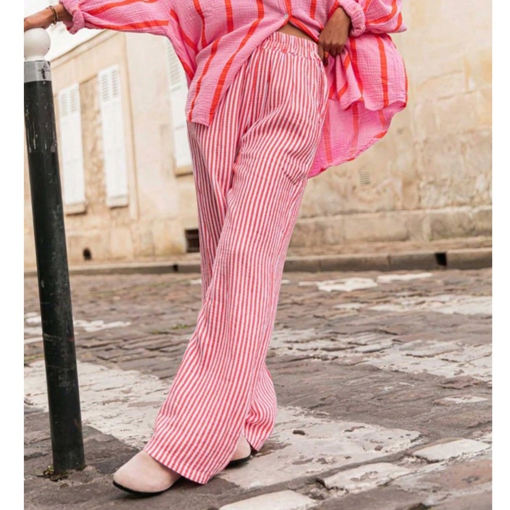 Wide Trousers with White Red Stripes Elastic Waist